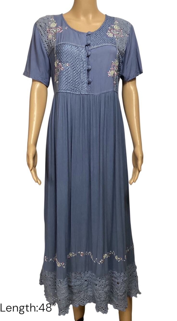 Vintage Marisol Blue Gauze Boho Maxi Dress Floral Embroidery Crochet Trim Medium